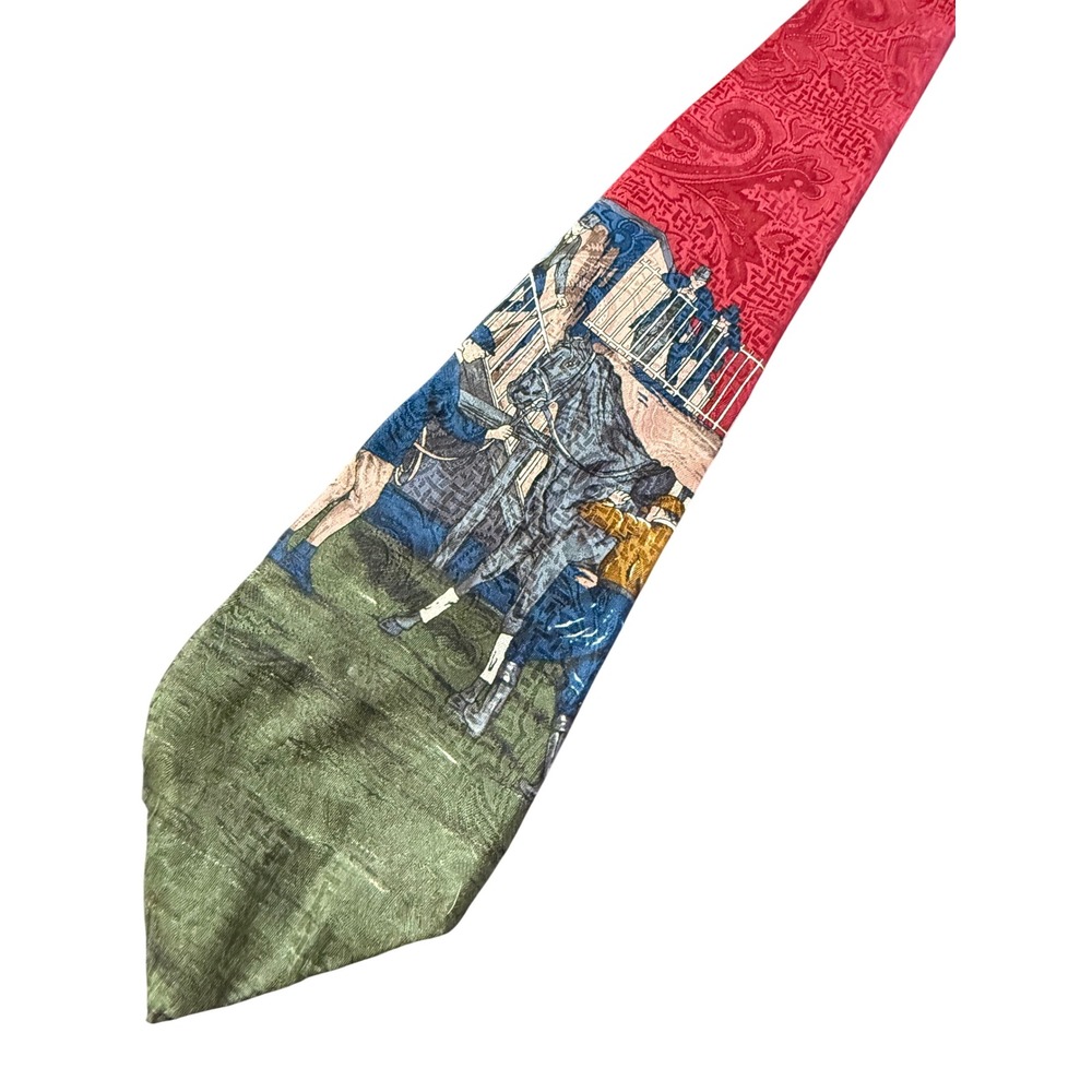 Apre for Tom James Silk Tie Equestrian Horse Racing Paddock Scene Red Green USA